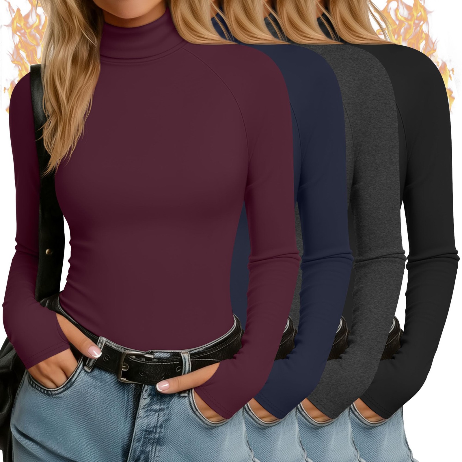 4 Pack Women’s Turtleneck Shirts with Thumb Holes Long Sleeve Thermal Tops El…