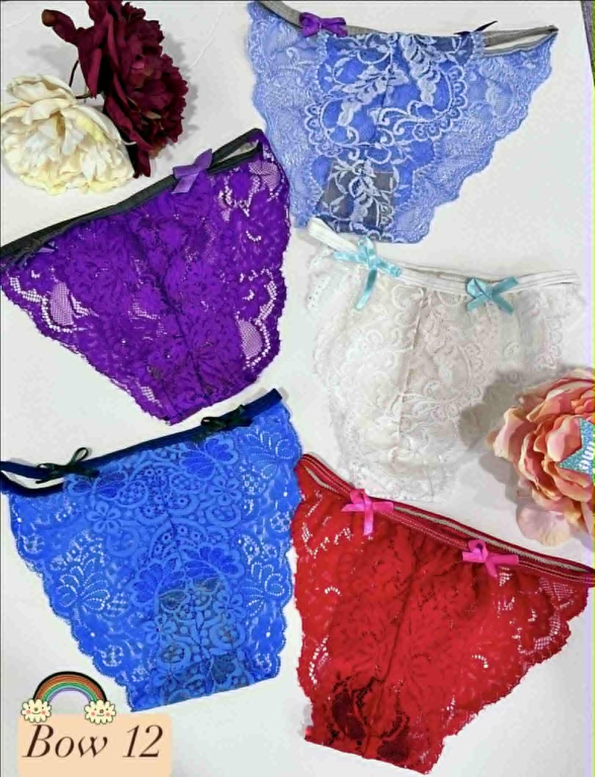 Pack of 5 Bow Decor Floral Lace Underwear for Women Stretching Colorful