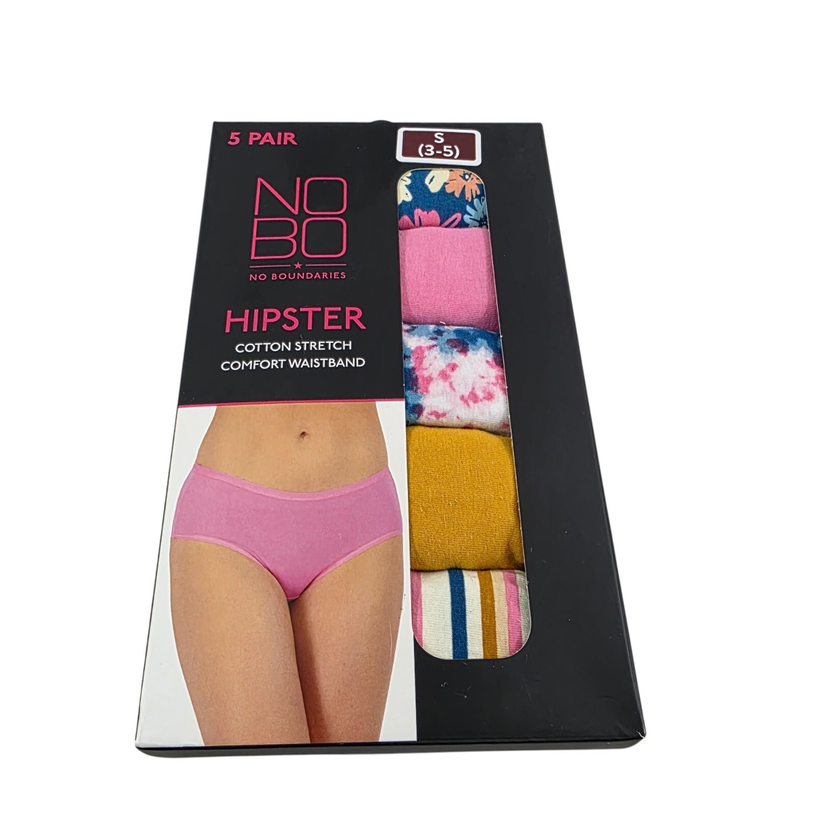 No Boundaries 5-Pack Cotton Stretch Comfort Waistband Hipster Panties – Small