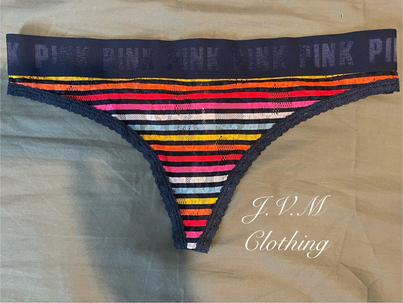 PINK Women’s Striped Thong Panties, Multicolor, Size L, Logo, Stretch