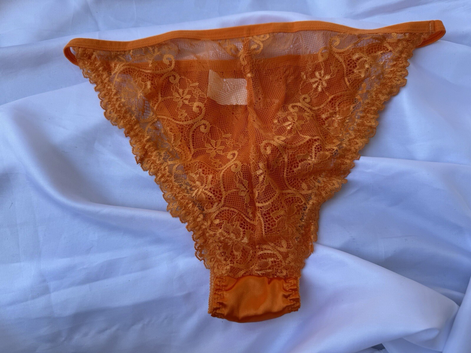 Bright Fall Orange Satin String Bikini Panties Delicate Lace Back Sz Medium