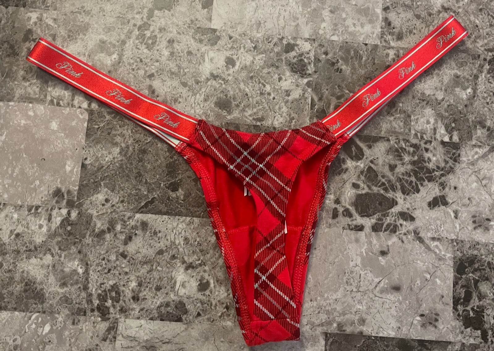 NWT VICTORIA’S SECRET PINK RED PLAID MICRO TINY LOGO SIDE STRAPS THONG PANTIES