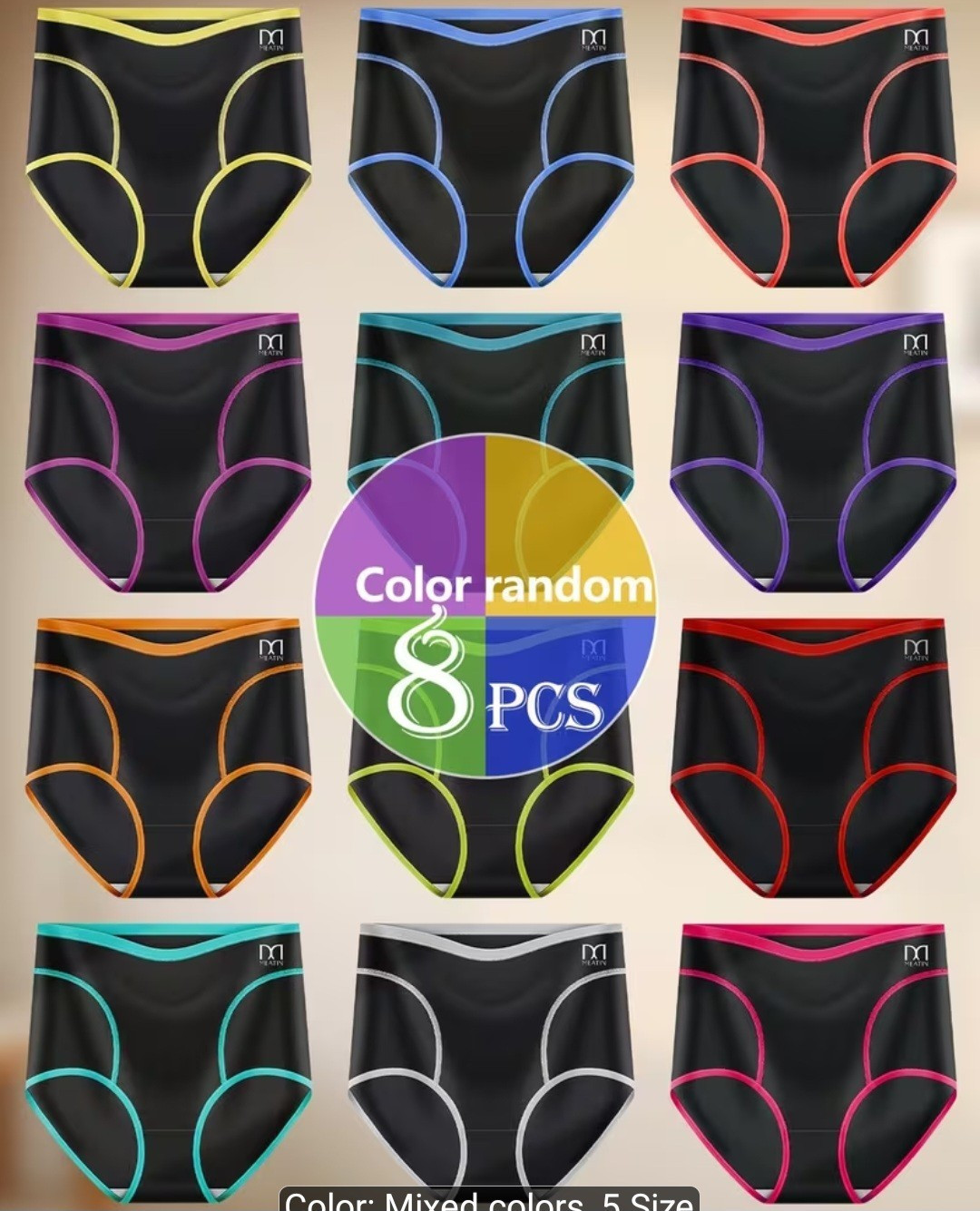 Women’s High Waist Brief Panties Stretch Solid Multicolor/Black Size 5 8-Pack