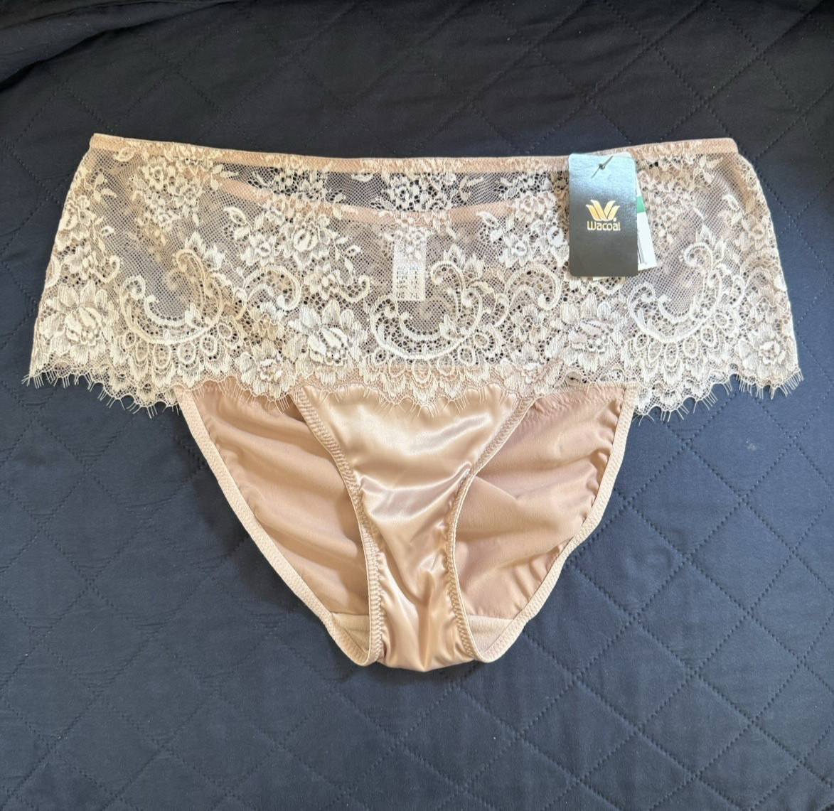 WACOAL 843323 BEIGE Hi-Cut Sheer Embroidered Lace Hip Panties 7 Lg Nylon Spandex