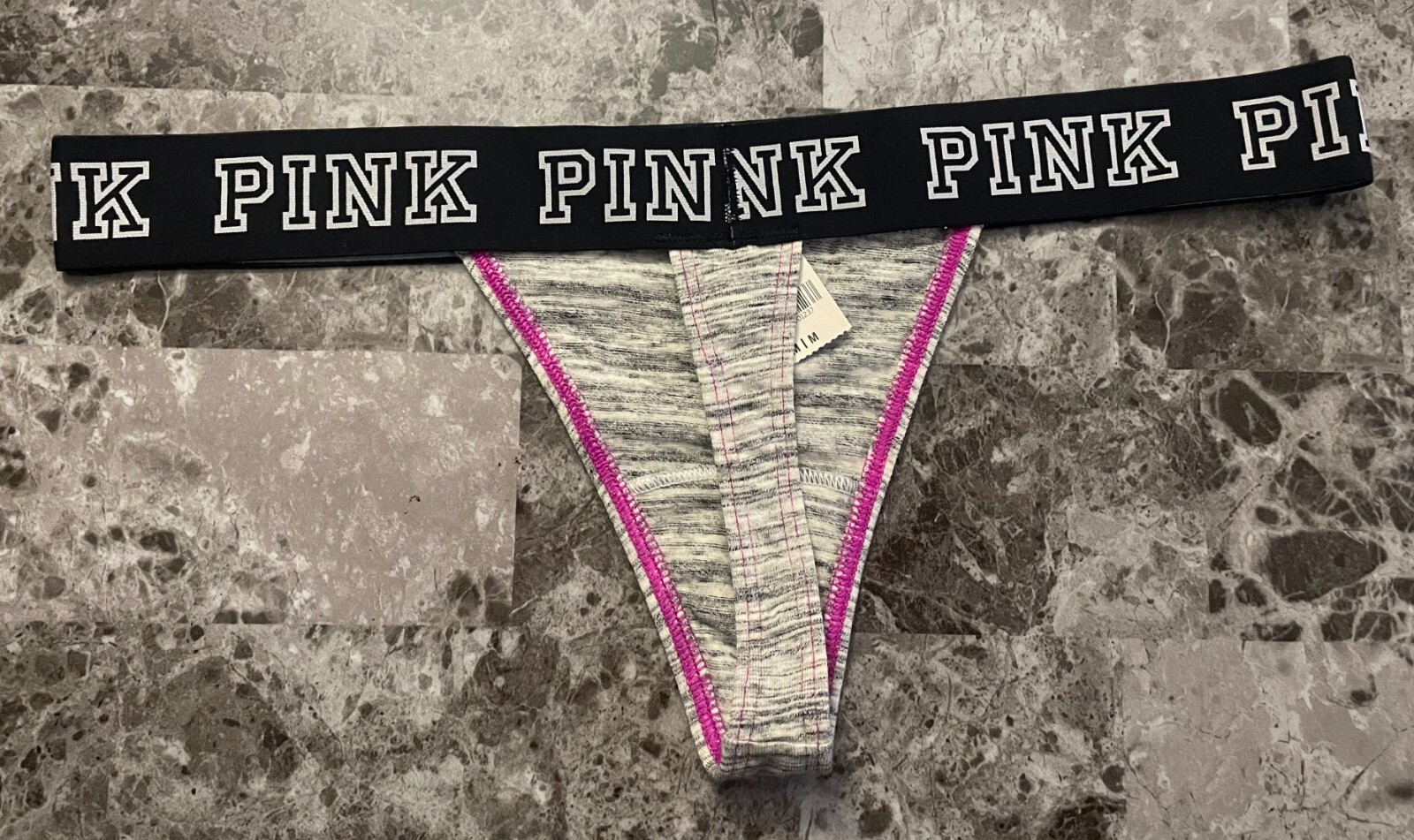 NWT VICTORIA’S SECRET PINK M GRAY MARL THICK LOGO WAISTBAND RARE THONG PANTIES
