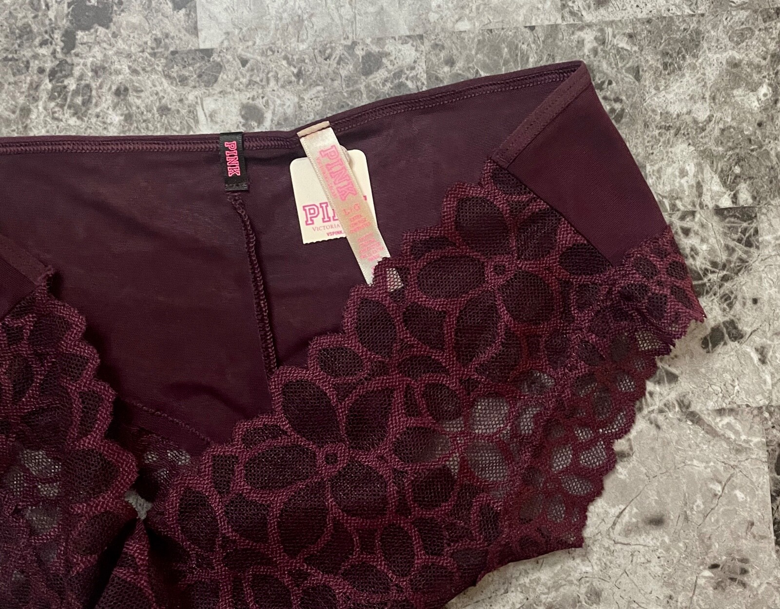 NWT VICTORIA’S SECRET PINK LARGE MAROON FLORAL LACE MESH RARE CHEEKSTER PANTIES
