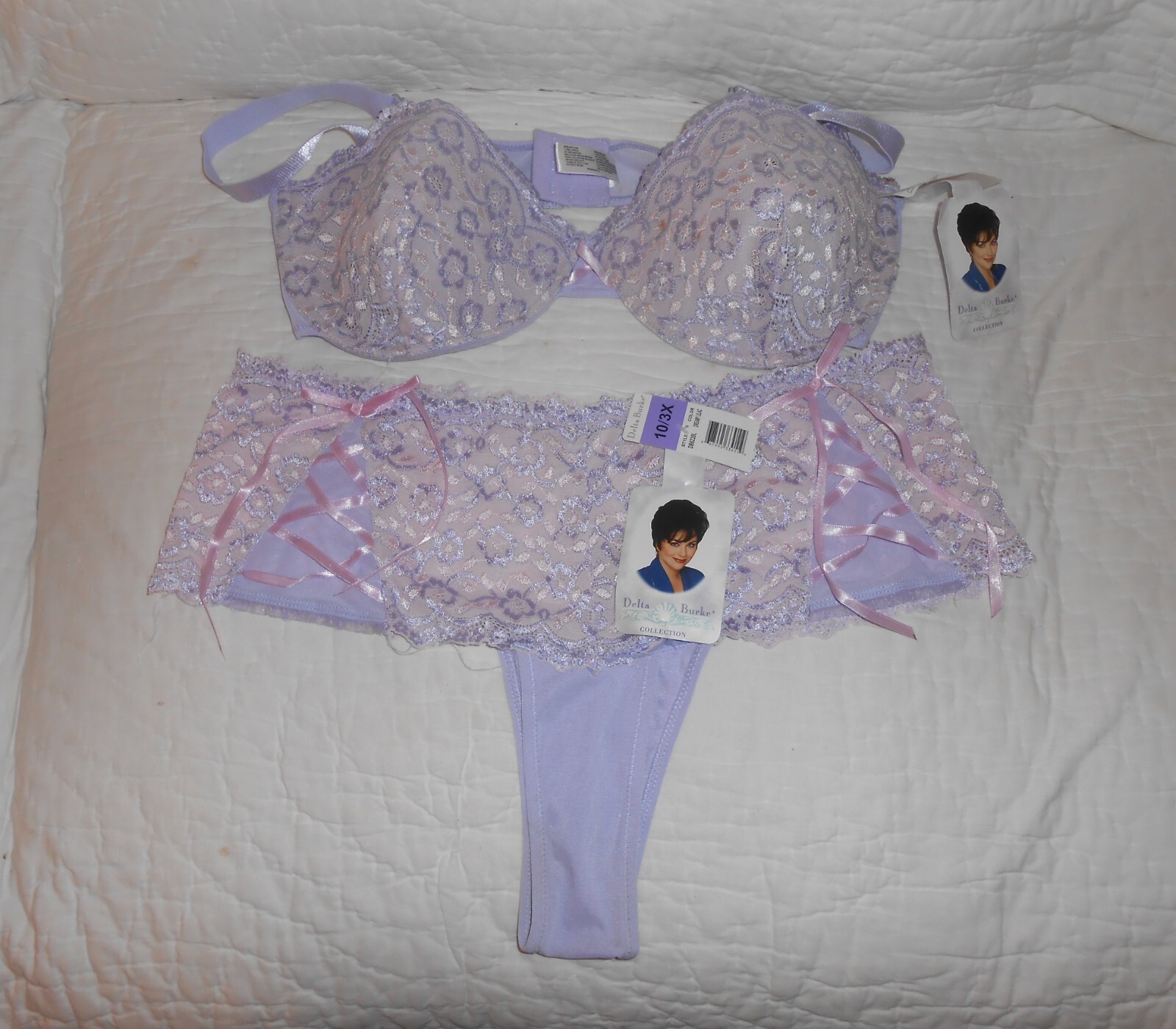 Brand New with Tags DELTA BURKE Dreamy Lilac Lace Bra & Panties Set 40D & 10 3X