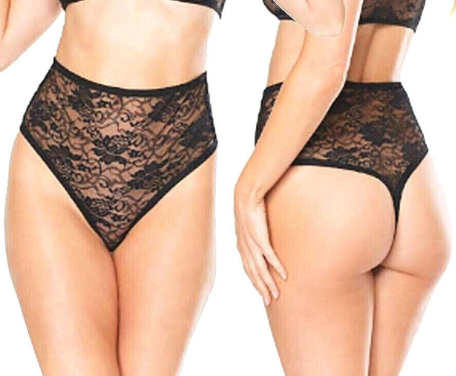 Womens Stretch Lace Thong Black High Waisted Panty One Size