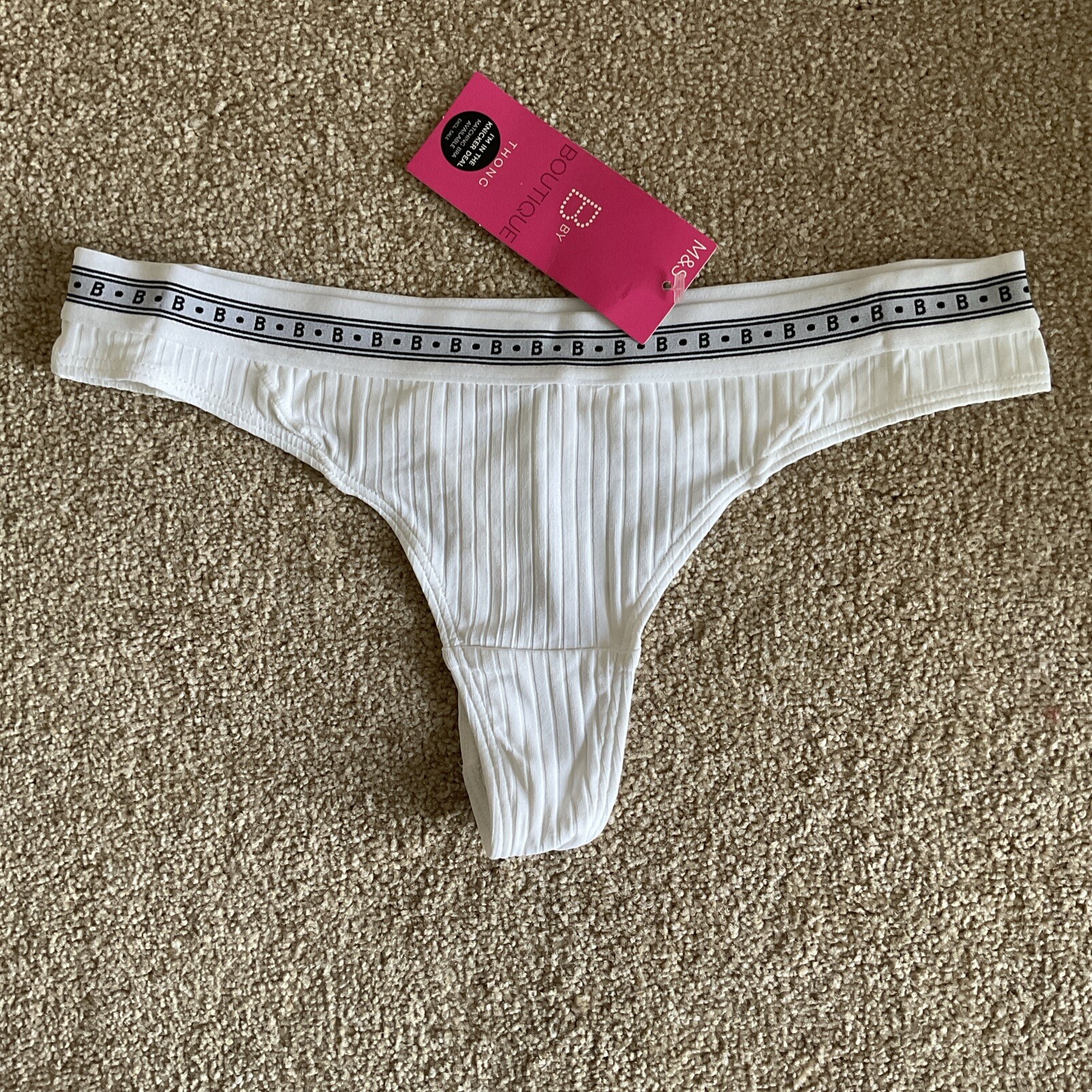 M&S 2 x Size 4 – 6 EXTRA SMALL Pretty Boutique Ribbed Thong Knickers White XS