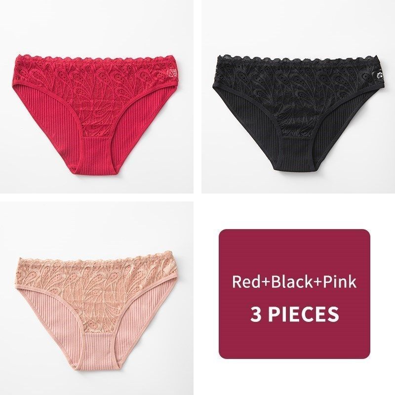Spandex Cotton Underwear-Solid Plus Size Briefs Lace Mid-Rise Sexy Women Panties
