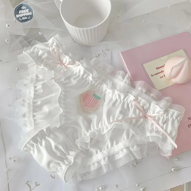 Strawberry Panties Women Satin Sweet Ruffle Briefs Cute Peach Kawaii Underwear