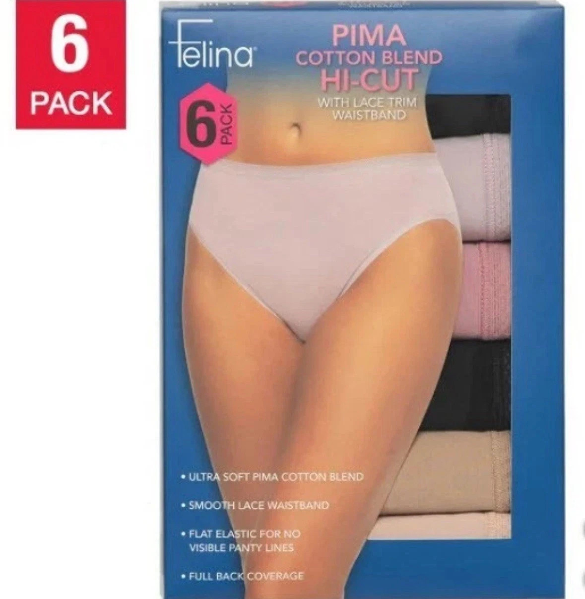 Felina Women’s Pima Cotton Blend Hi-cut with Lace Trim Waistband 6-Pack