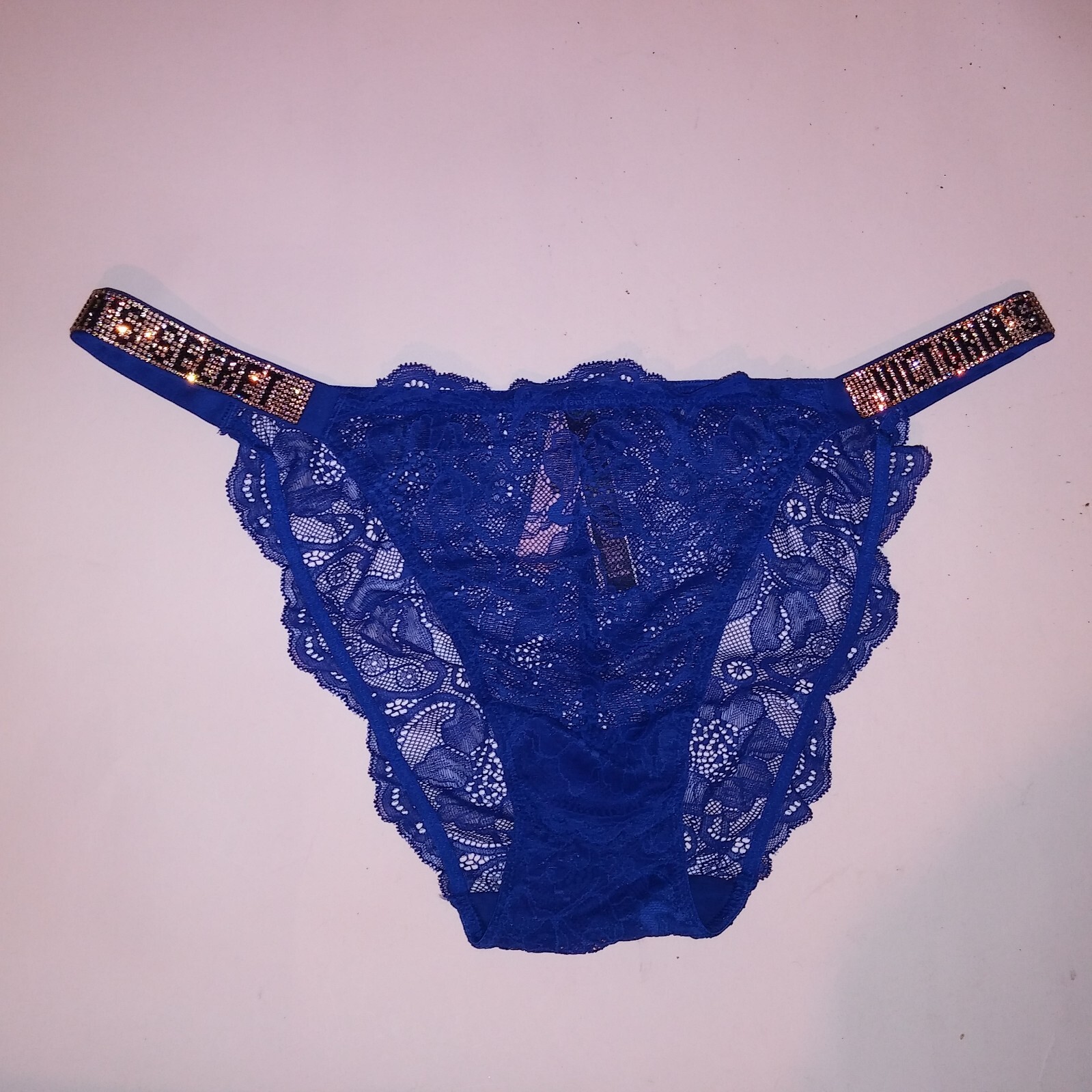 Victoria Secret Panty Bikini Large Shine Strap Blue Logo Rhinestone Bling New