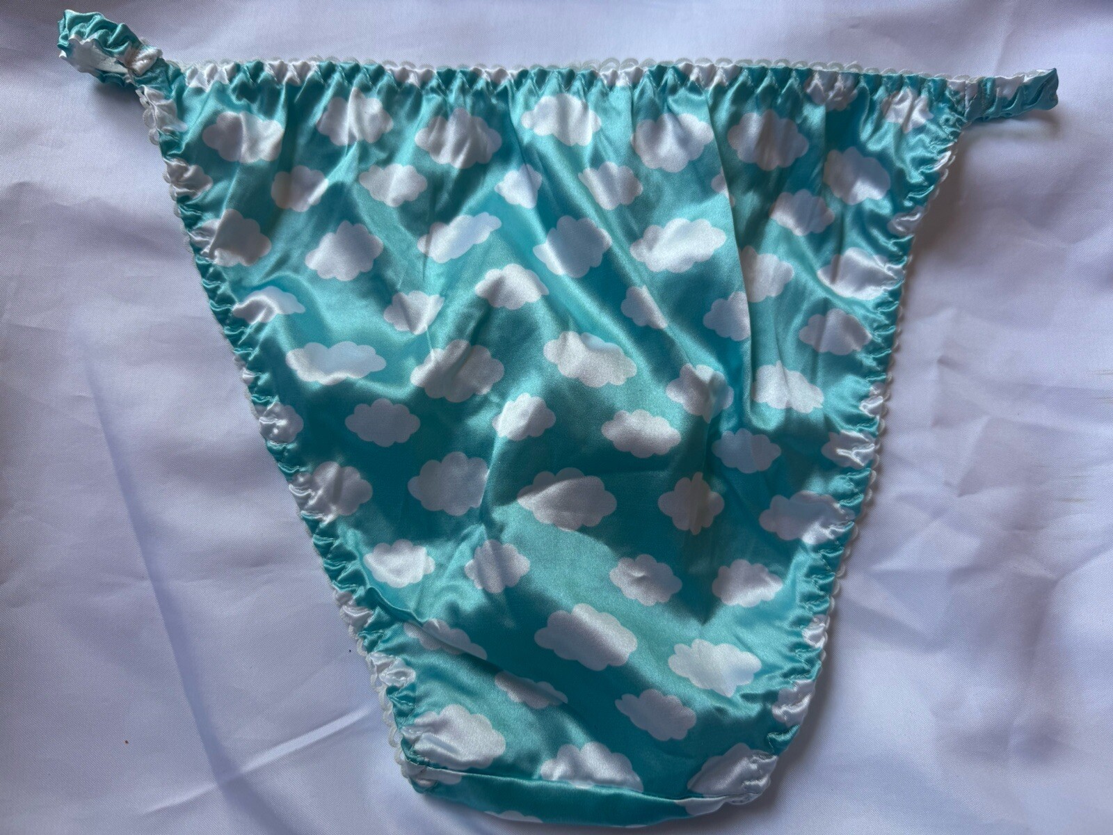 NWOT Sz L Handmade Shiny Blue Cloud Silky Satin String Bikini Panties
