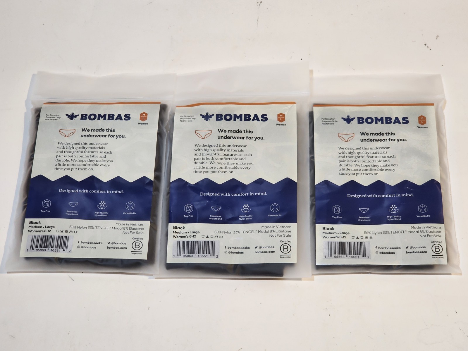 Bombas Womens black Seamless Hipster Underwear Size M/L 6-12 NEW (Lot Of 3)