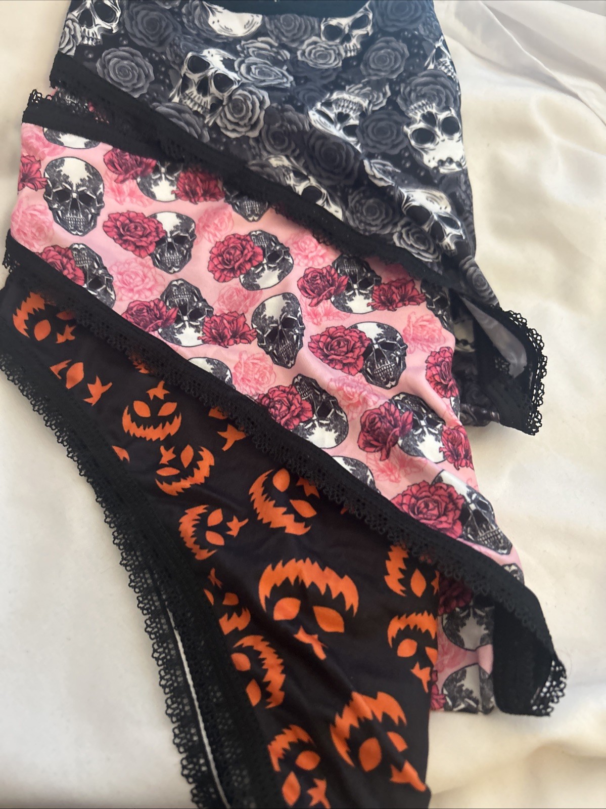 Morvia 3pk lace trim goth Skater Emo Goth panties M Blk Orange Pink Skull Jack