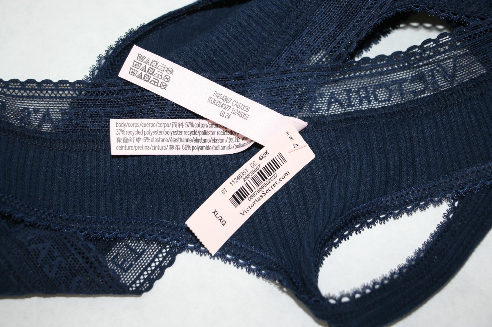 Victoria’s Secret Logo Cotton Lace-Waist Thong Panty Noir Navy Rib Knit XL NEW