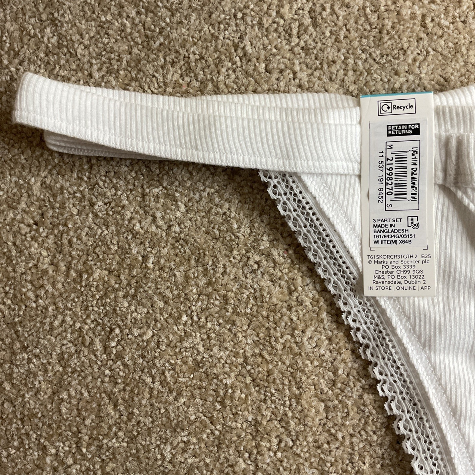 M&S 3 PACK Size Medium 12-14 Tanga Thongs Knickers Cotton Stretch White M Thong