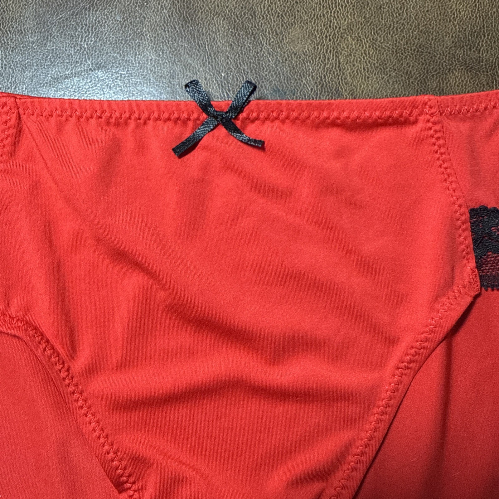 NWOT Vtg Lipstick Red Black Lace Satin Bow HI Cut Panties Underwear Sz 8 XL