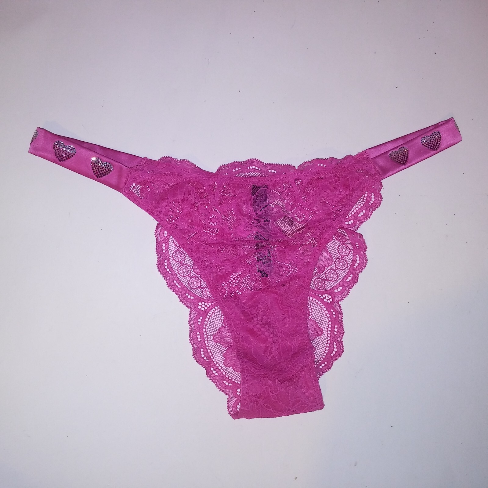 Victoria Secret Panty Medium Brazilian Shine Strap Hearts Solid Pink Lace New