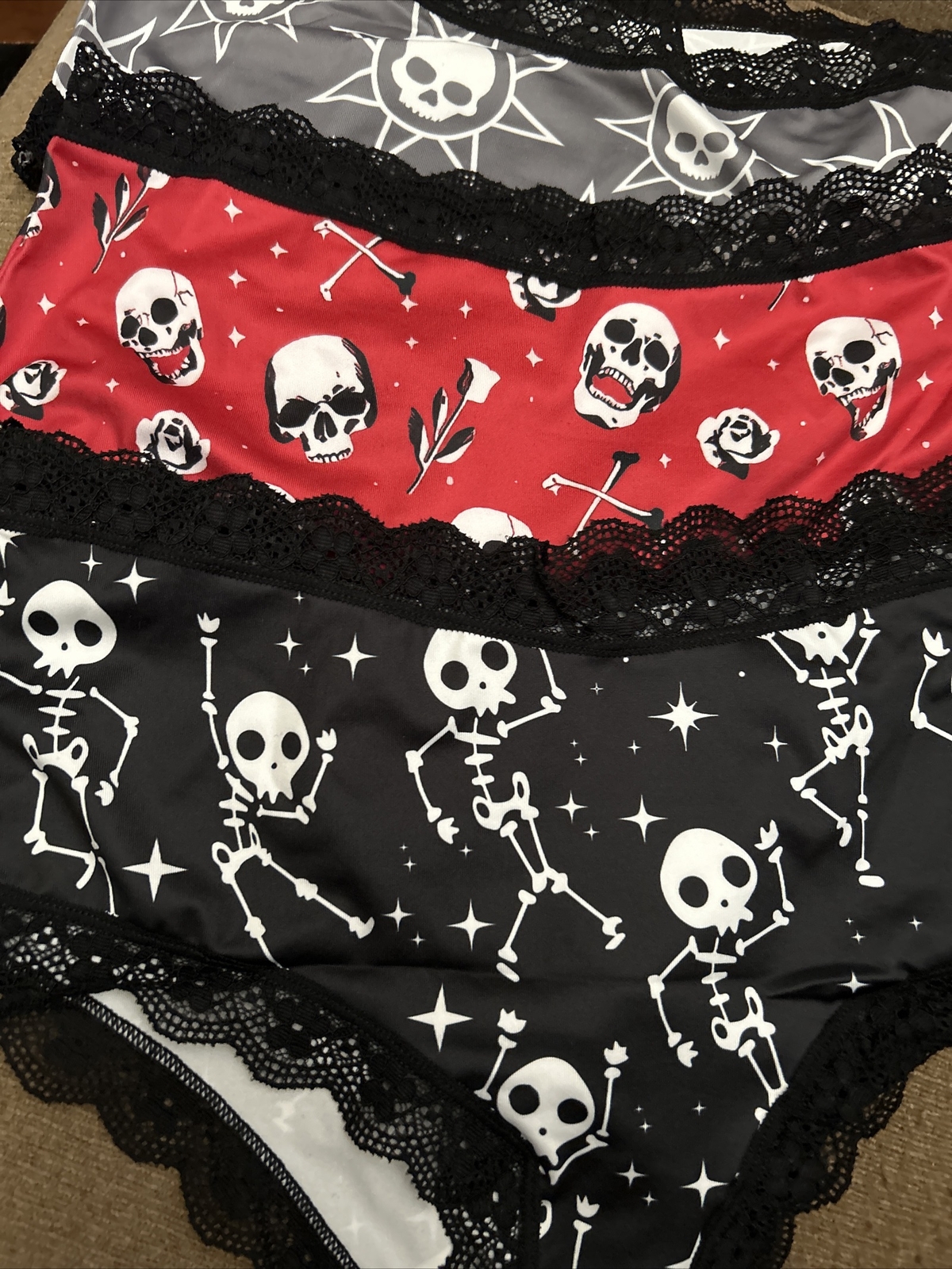 Morvia 3pk lace trim cheeky goth Emo panties L skull And Bones Lingerie