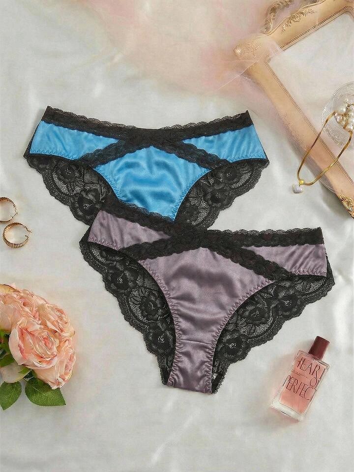 2pr Glossy Smooth Butter 2nd Skin Satin & Lace Bikini Panties Knickers XL NEW