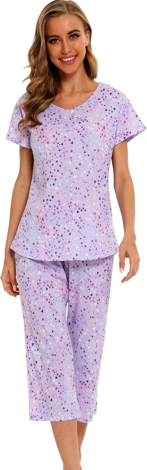 ENJOYNIGHT Womens Pajama Sets Cotton Summer Pjs Tops with Capri Pants Sleepwear