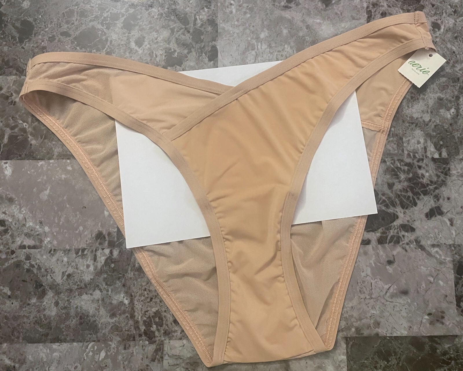 NWT AERIE AMERICAN EAGLE L BEIGE NUDE SMOOTH SHEER MESH HIGH CUT BIKINI PANTIES