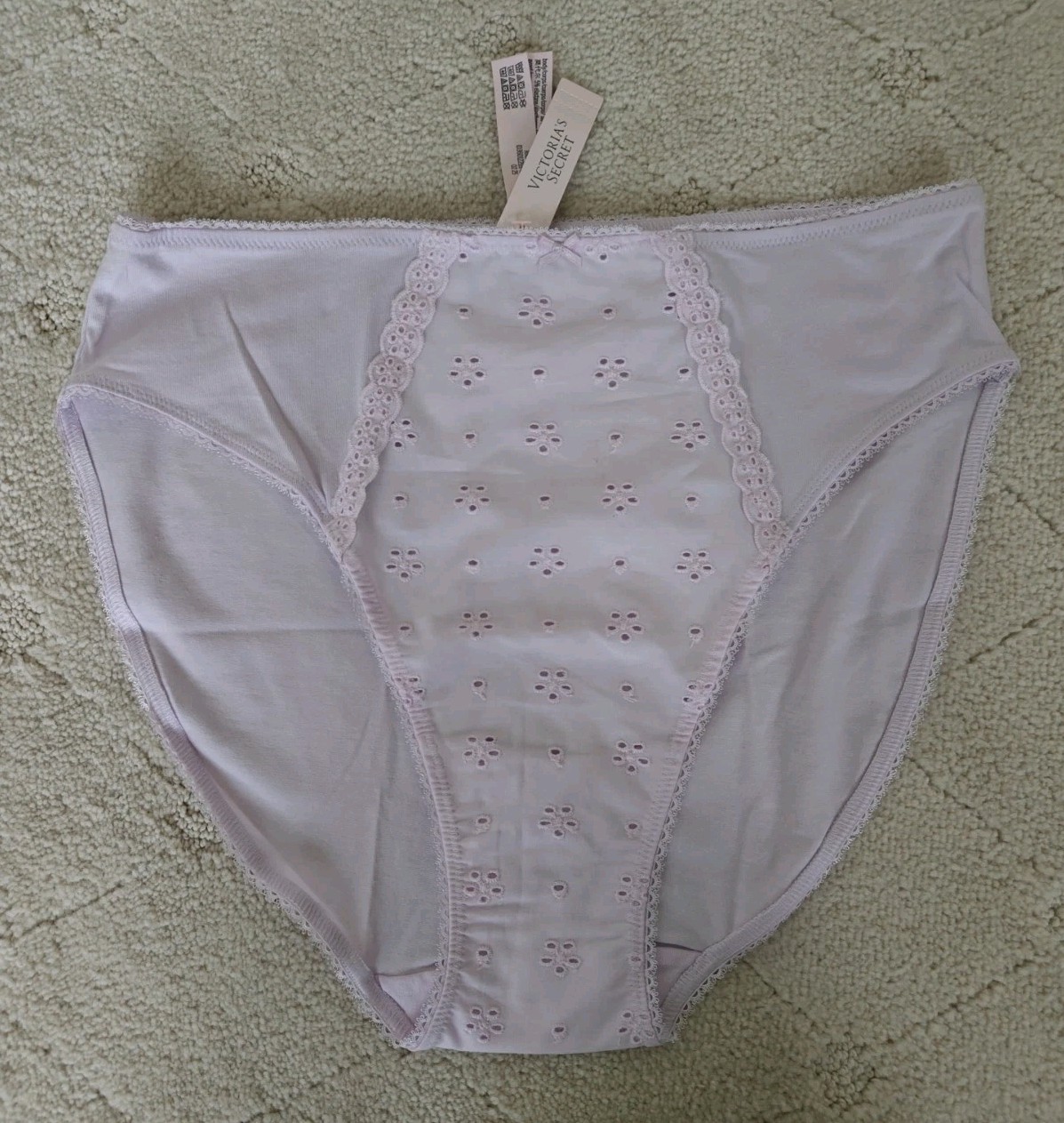 New VS Victorias Secret Cotton High Cut Leg Brief Panty Lavender Eyelet Lace M