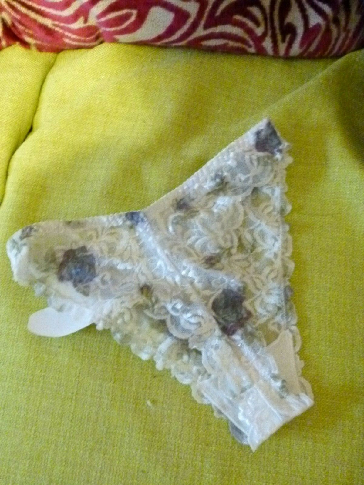 Short Stories white ivory lace thong knickers with purple floral pattern Size 12