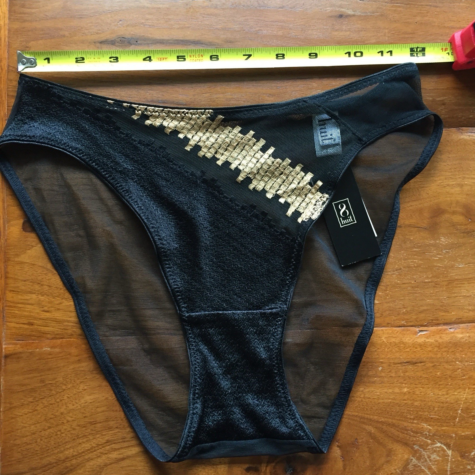 Huit Lingerie Size 8 Black Hi-Cut Panties Mesh Sheer Embroidered Made in France