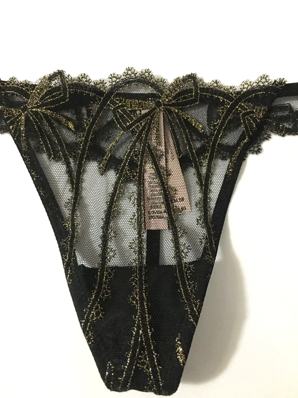Victorias Secret Dream Angels Black Shine Lace V-String Thong Size S Sheer Bows