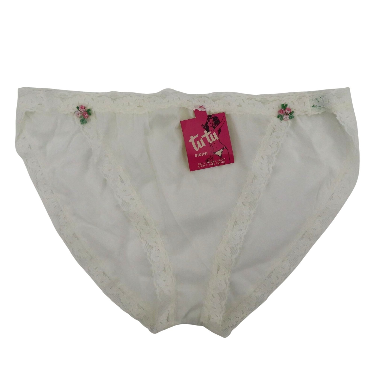 VTG Tutu Bikini Women 7 Panty Solid White Pink Rosette Rose Lace Trim 1950s NEW