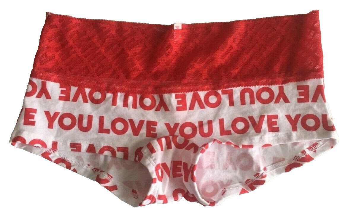 Victorias Secret Red White LOVE YOU Boyshort Style Panties Size XS Lace Waist