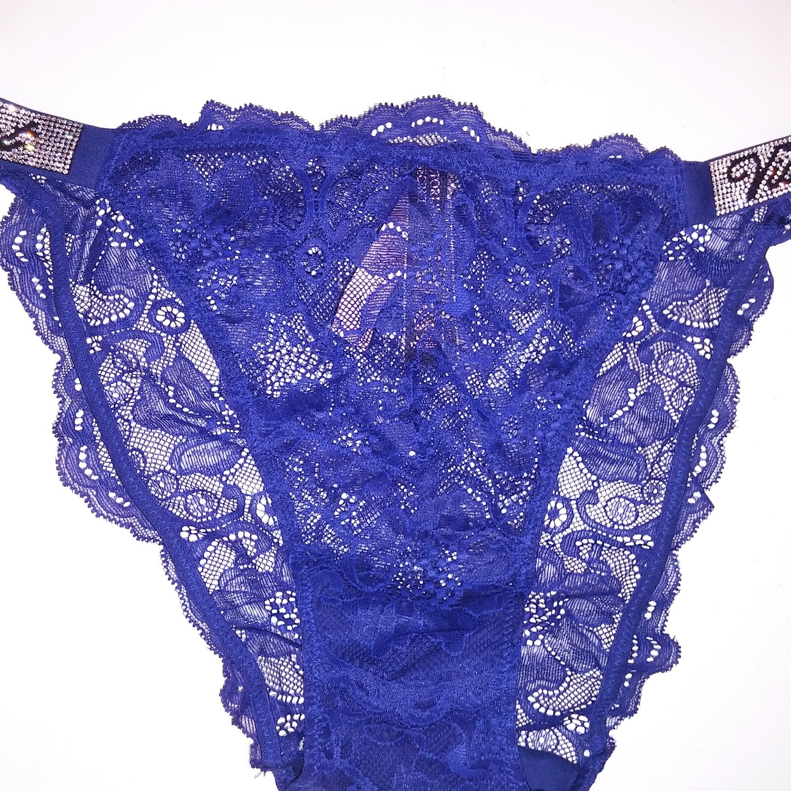 Victoria Secret Panty Bikini Shine Strap Navy Blue Logo Rhinestone Bling New