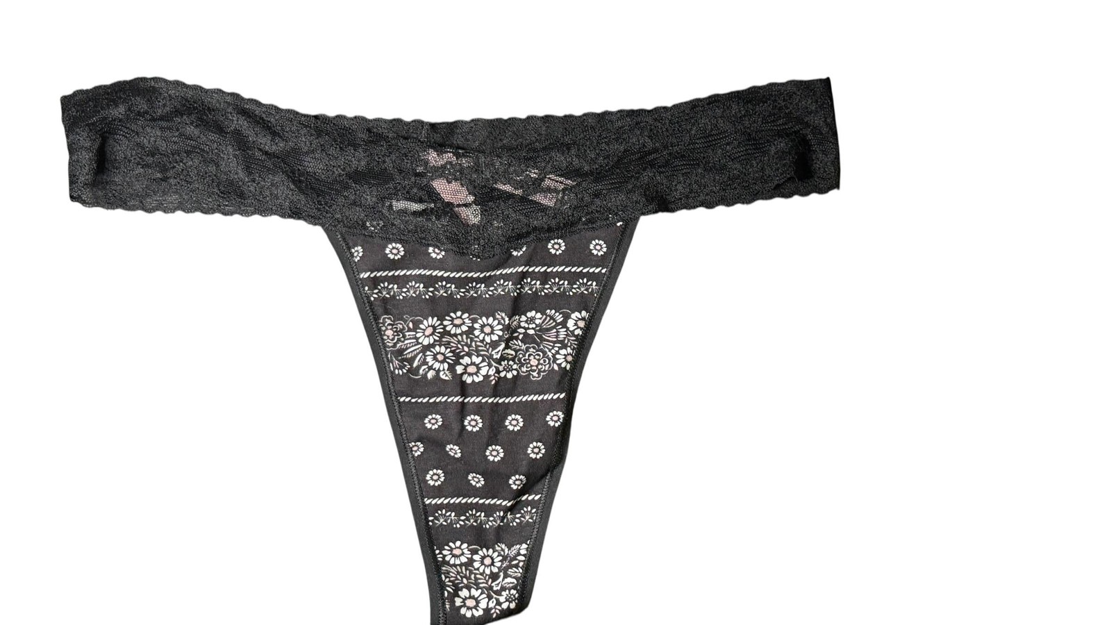 Victorias Secret Thong Womens XL Black Low Rise Lace Floral Print Stretch Panty