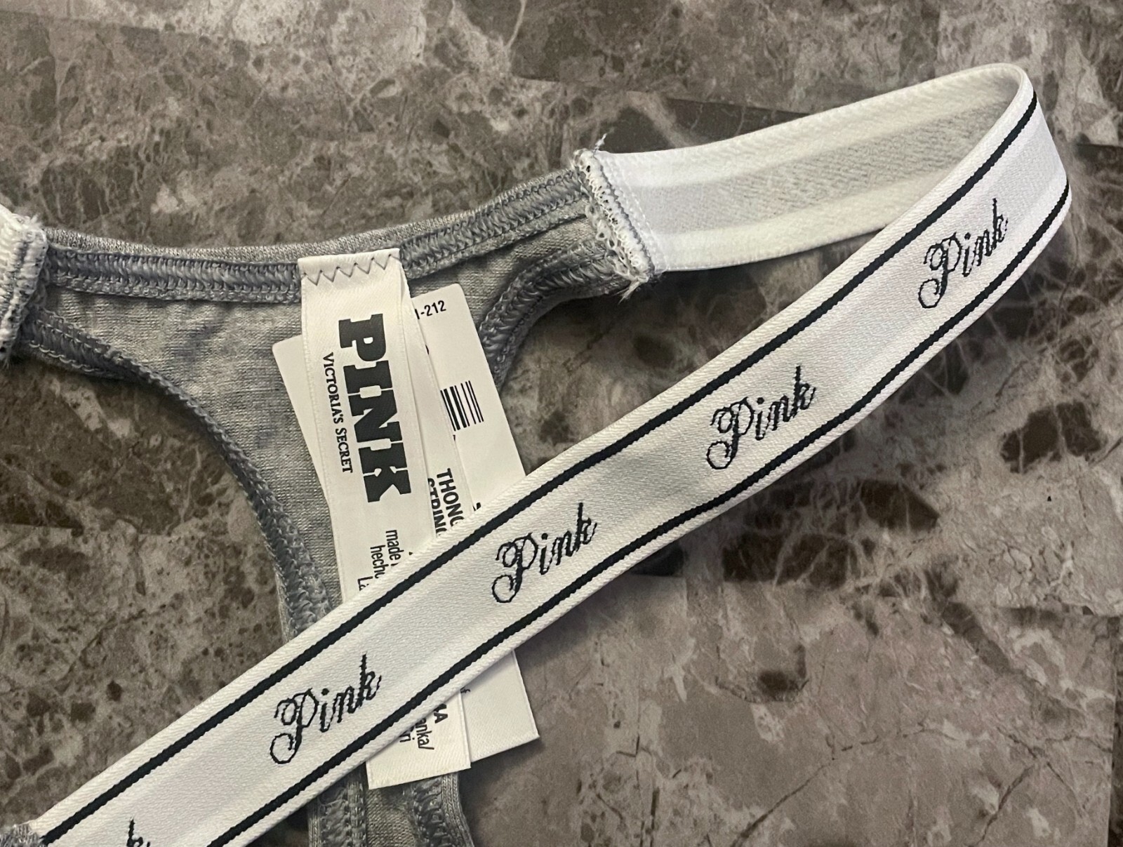 NWT VICTORIA’S SECRET PINK GRAY MICRO TINY LOGO SIDE STRAPS THONG PANTIES