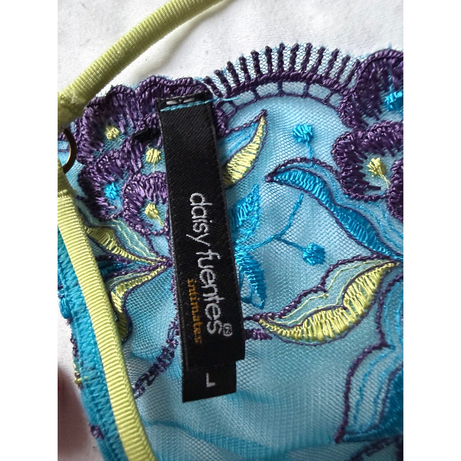 NWOT Daisy Fuentes Turquoise Embroidered Mesh Thong Panty – Size L