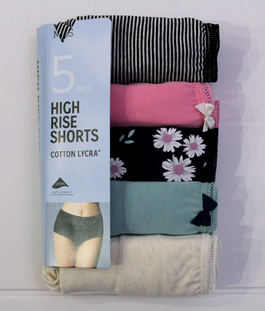 Ex M & S Ladies 5 Pack Cotton Lycra Midis High Rise Shorts Briefs ~Size 10 to 18
