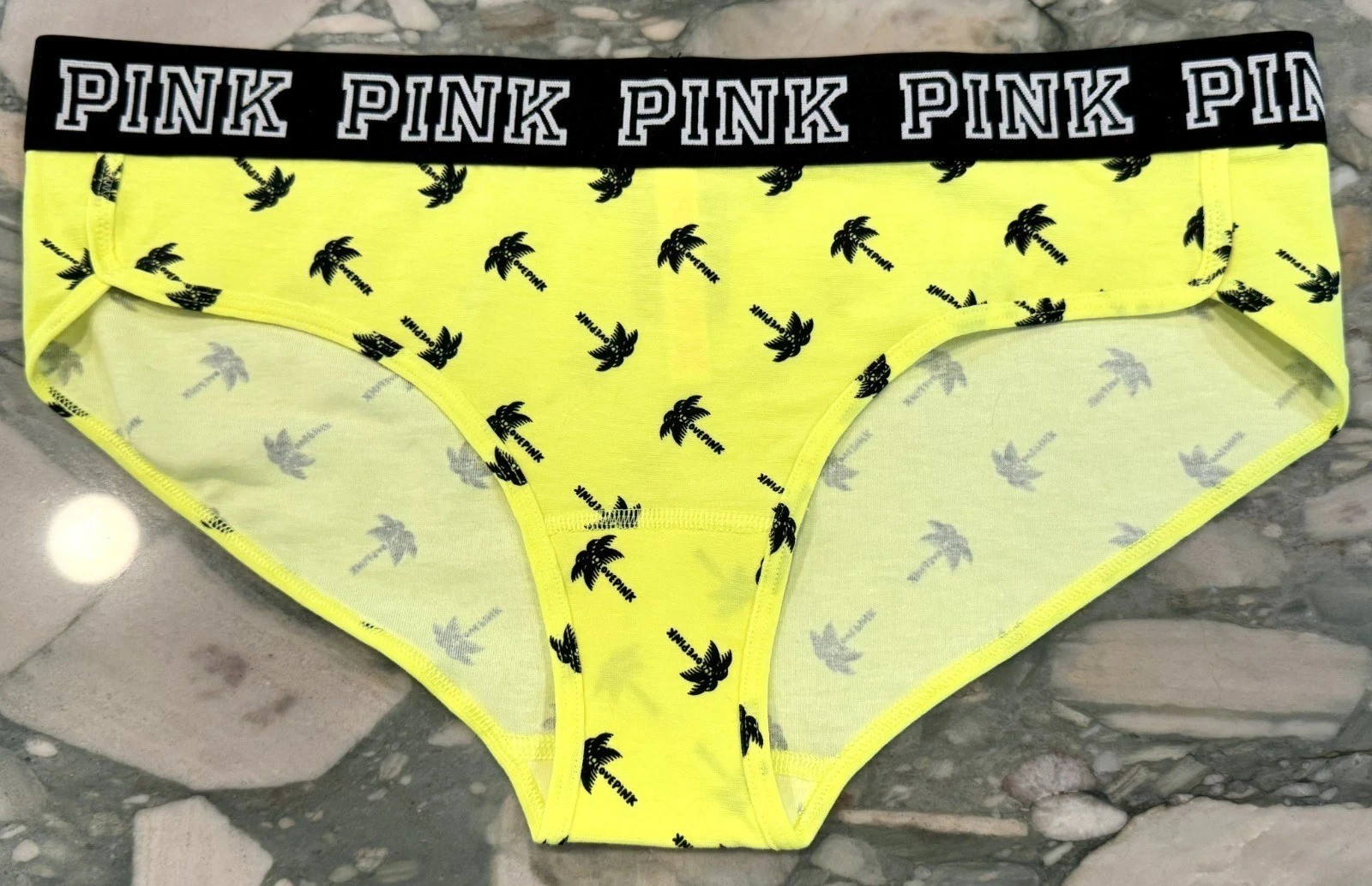 NEW Victoria Secret PINK Cotton BLOCK Logo Hipster Panty – Neon Black Palms XXL