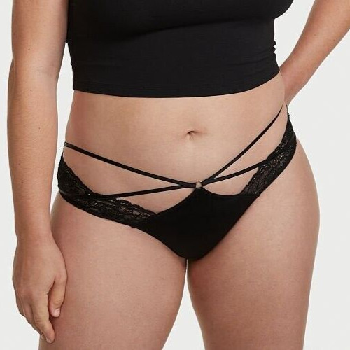 XL Dk NOIR Black Strappy Ring Satin Lace Very Sexy Cheeky Victorias Secret Panty