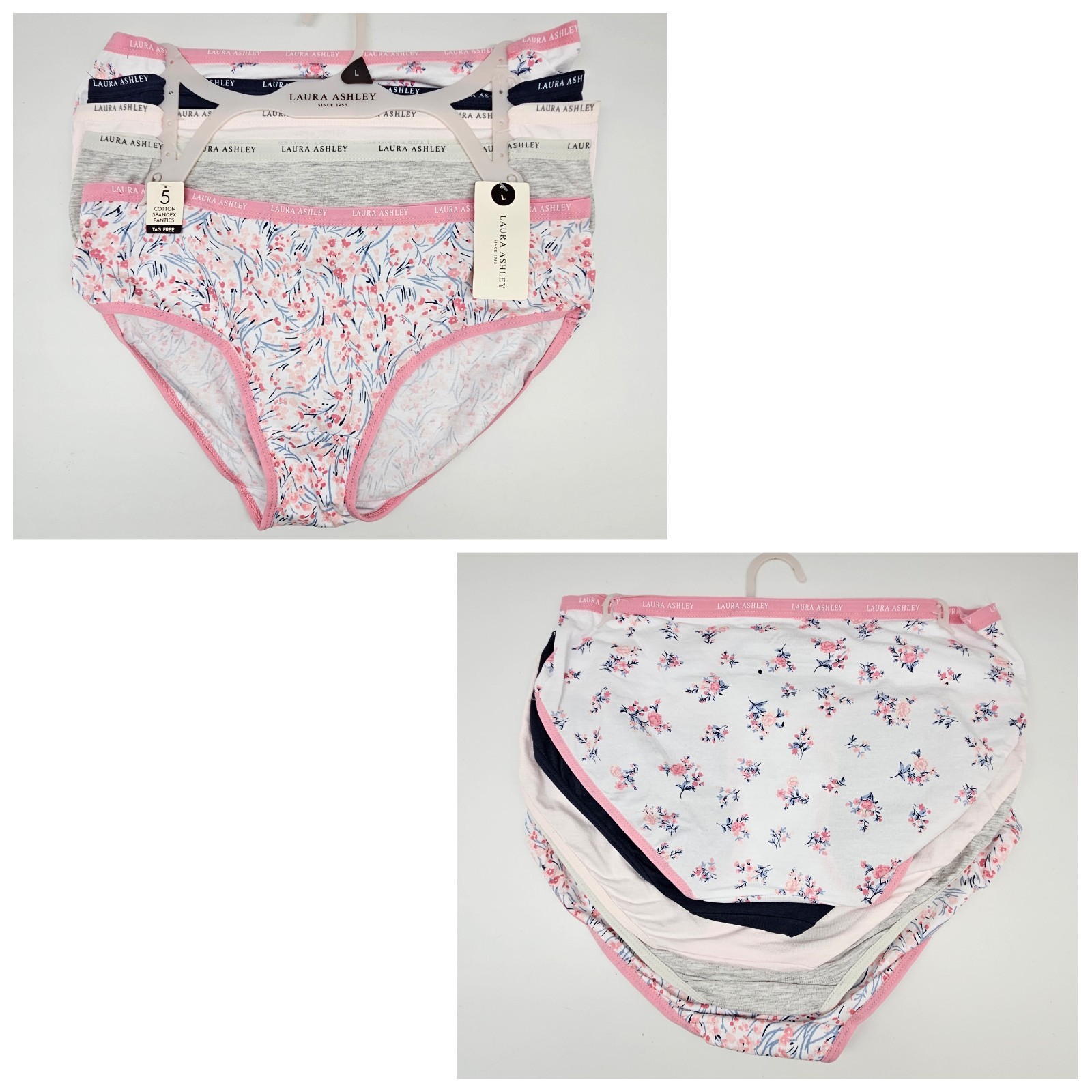 LAURA ASHLEY 5 Pack Women’s L XL Logo Cotton Panties White Navy Pink Gray