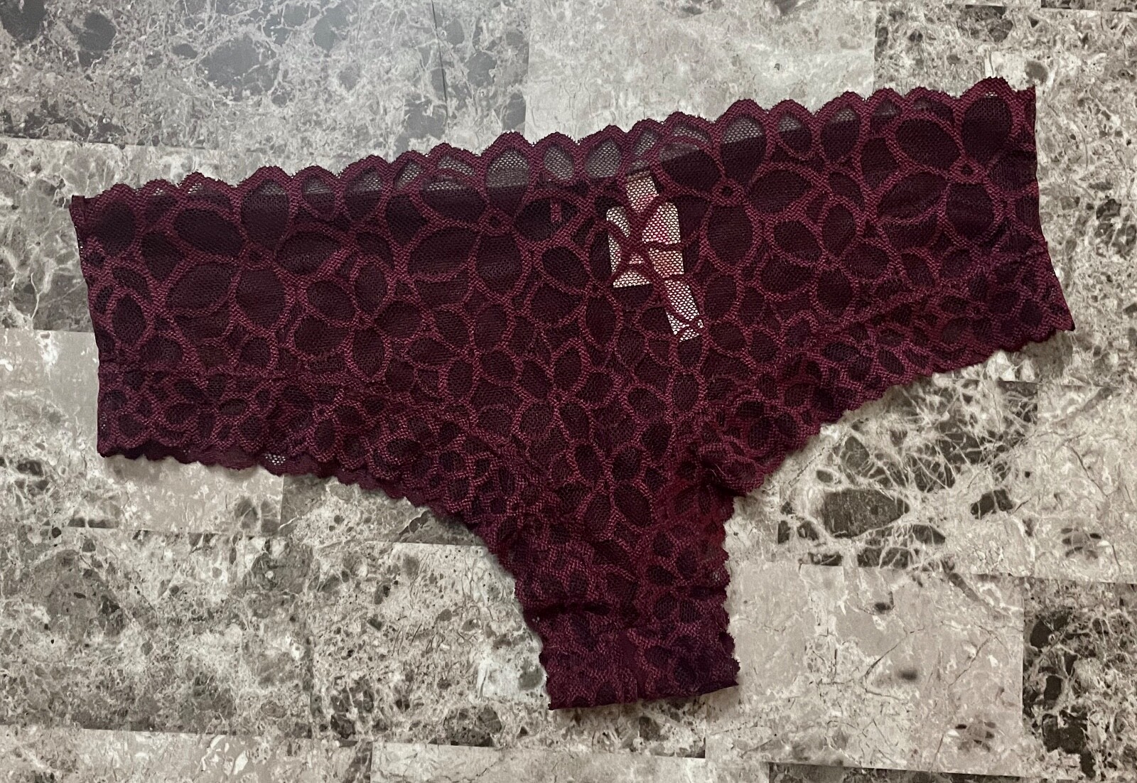 NWT VICTORIA’S SECRET PINK LARGE MAROON FLORAL LACE MESH RARE CHEEKSTER PANTIES