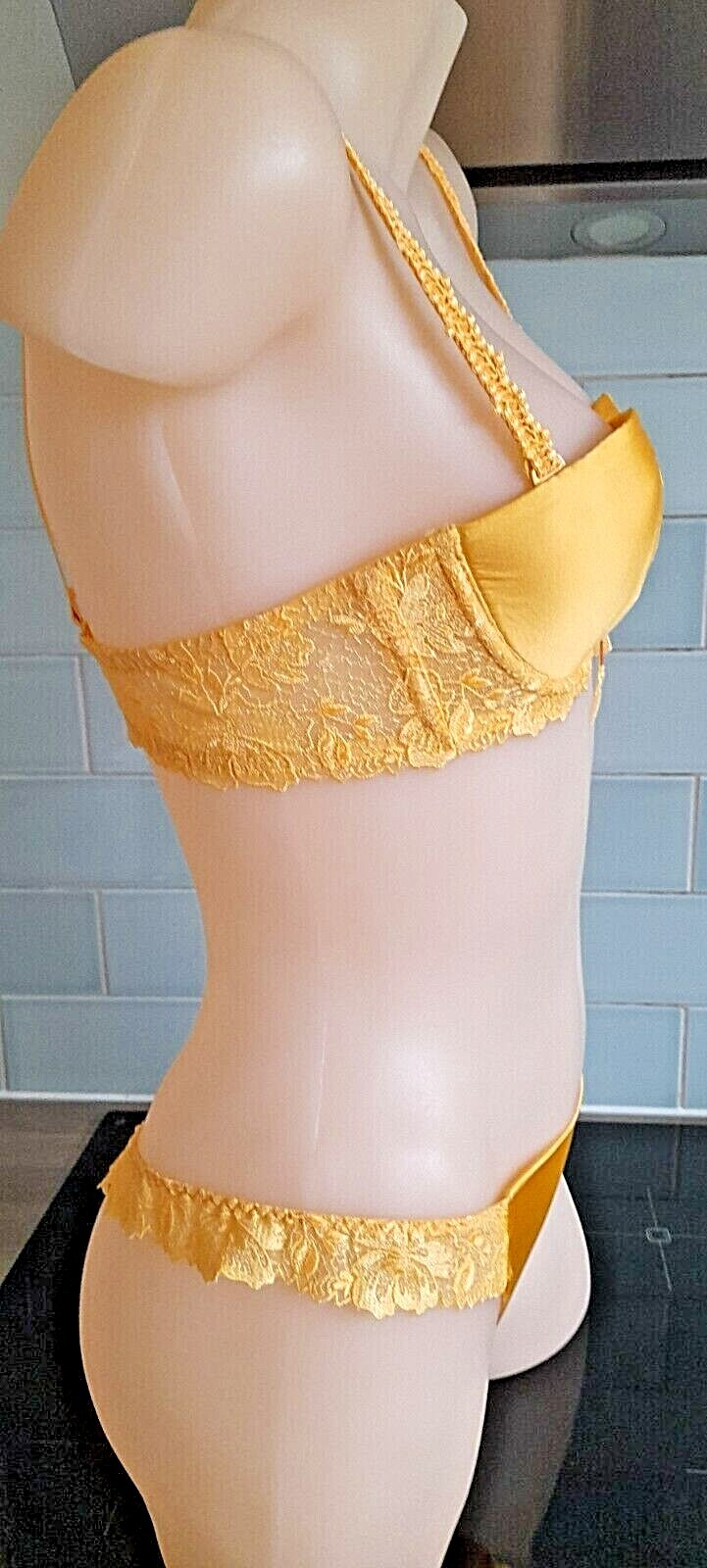 Ravage Yellow Equateur Satin/Embroidered Mesh TRIGONE Thong XS