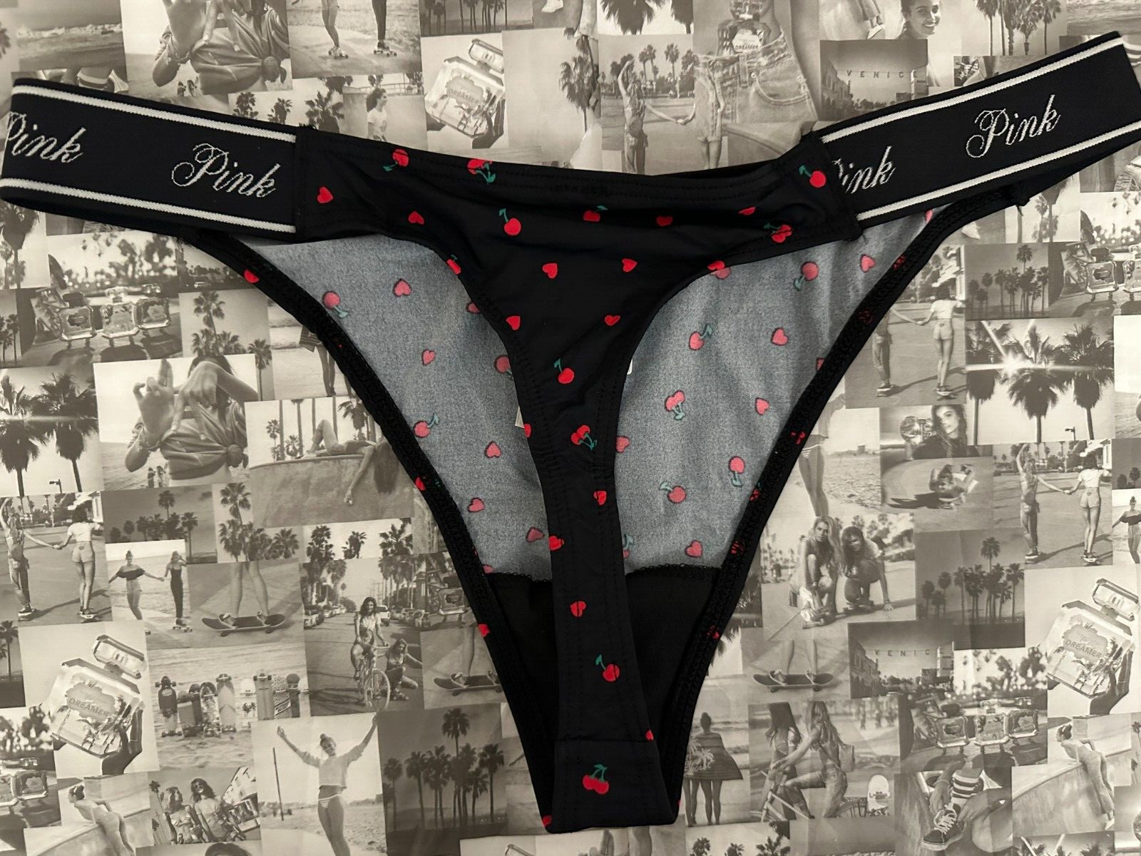 Victoria’s Secret PINK Elastic Logo Polyamide Thong Panty Black Cherry Heart M