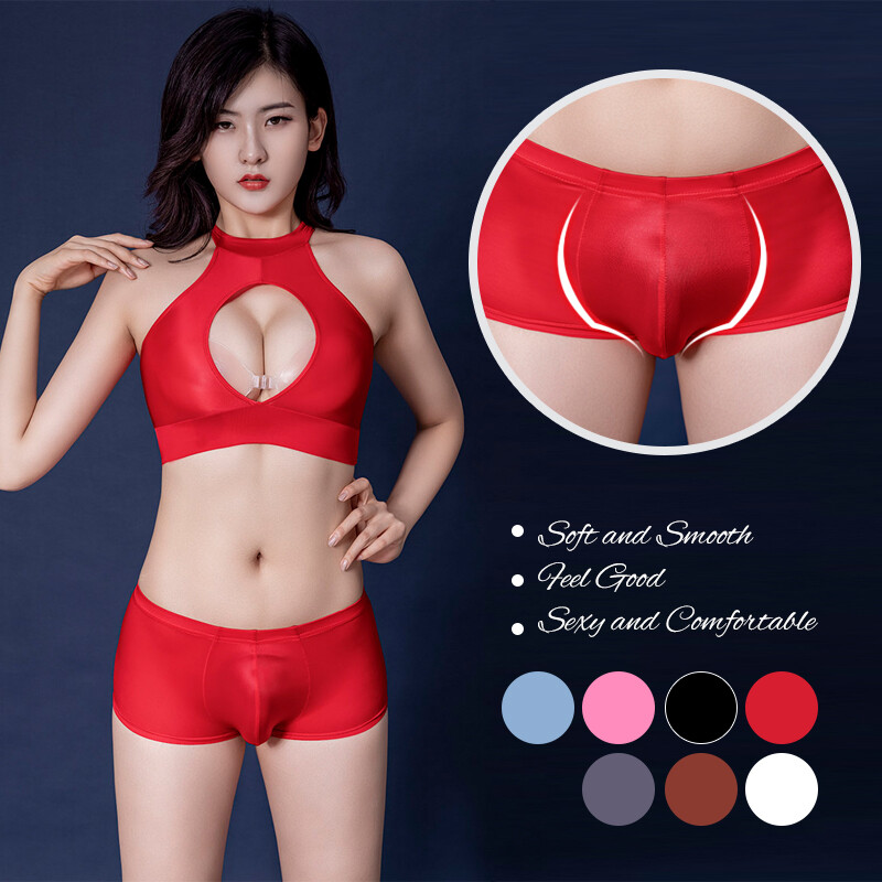 Men Sissy Sexy Sheer Underwear Oil Shiny Glossy Boxer Brief Sport Short /Bra Top