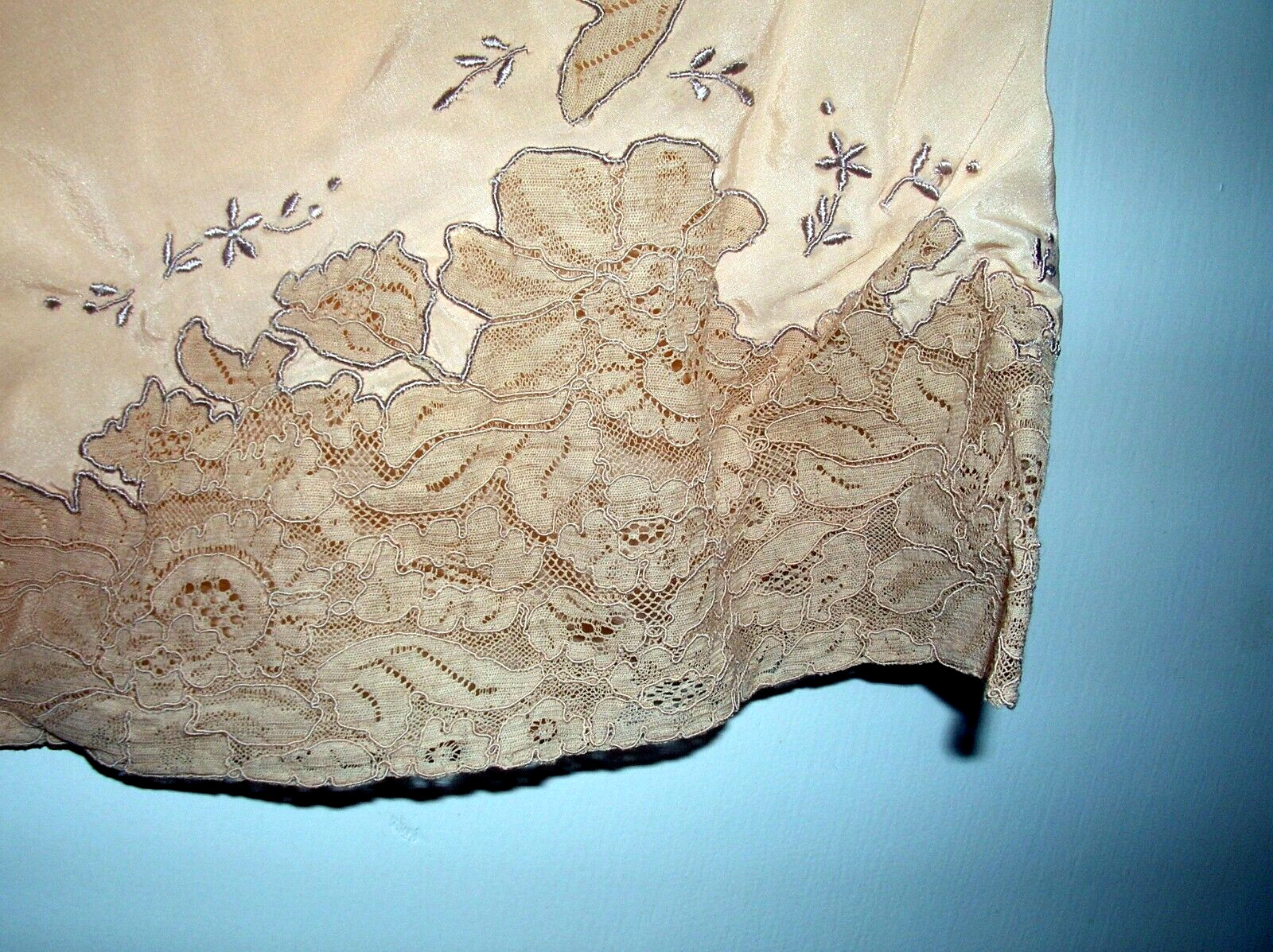 Art Deco Flapper Silk/Satin Lace Trim, side button, Under garment Peach Ecru #A