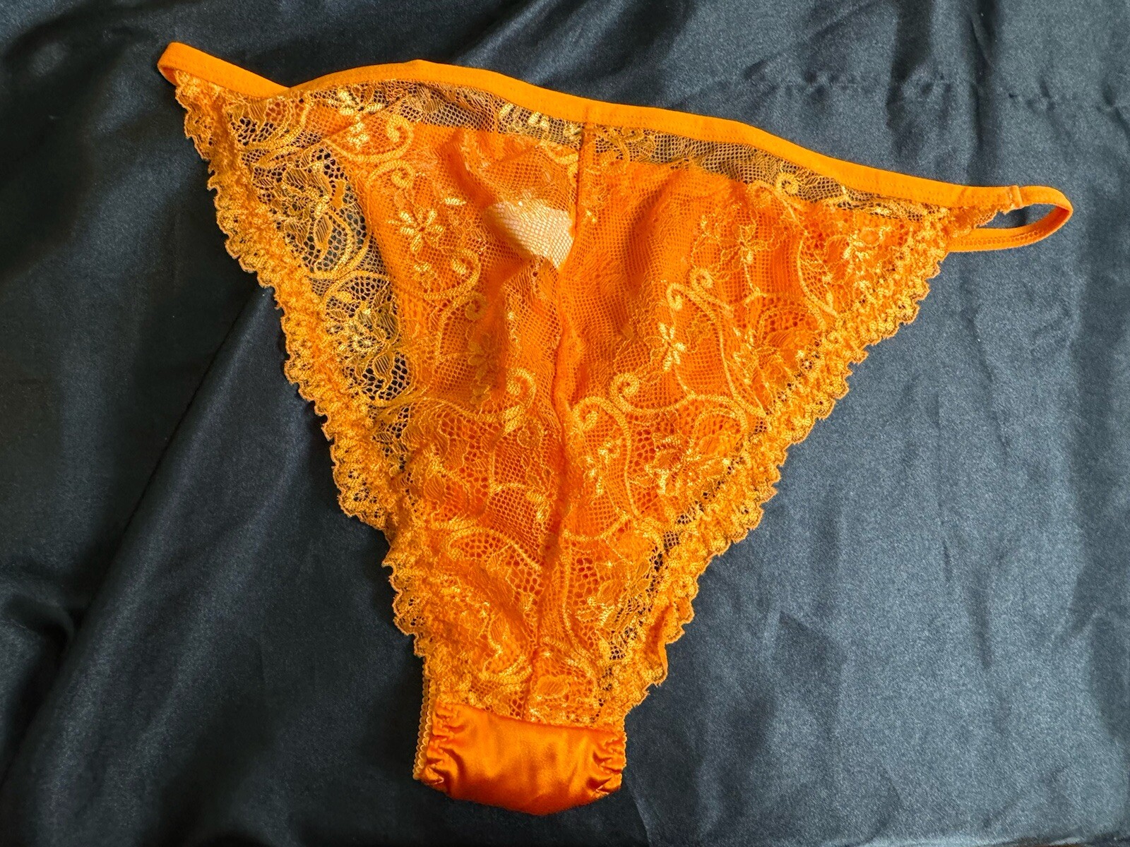 Bright Fall Orange Satin String Bikini Panties Delicate Lace Back Sz Medium