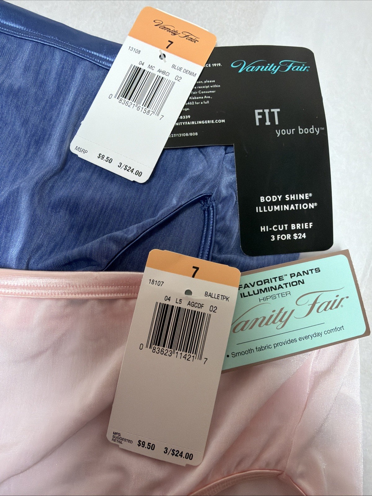 VANITY FAIR ILLUMINATION HIPSTER WOMANS SIZE 7 SHINY Nylon BLUE / PINK NWT 2Pair