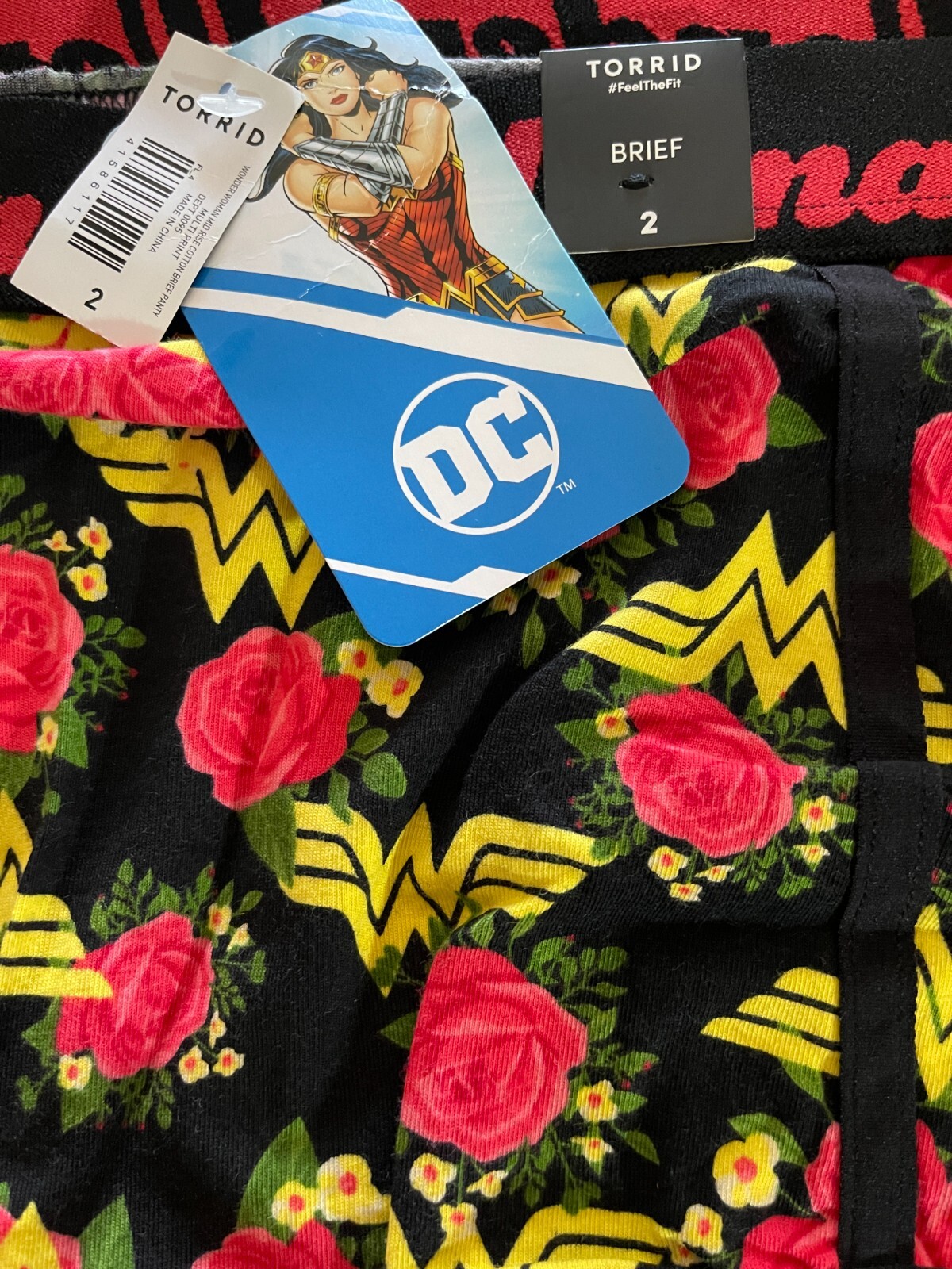 DC Comics +2 Wonder Woman Rose Print Logo Elastic Waistband Cotton Brief Panties